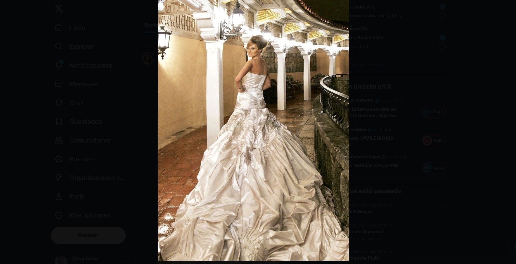 Una fotografía del vestido de novia que Melania usó en su boda con el presidente de EE. UU., Donald Trumo, en el 2025. (Foto Prensa Libre: Tomada de la cuenta de X @eterna_vital)