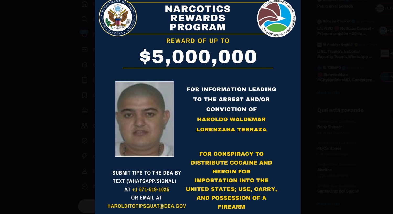 Estados Unidos ofrece hasta US$5 millones por el supuesto narcotraficante guatemalteco Haroldo Waldemar Lorenzana Terraza. (Foto Prensa Libre: Departamento de Estado)