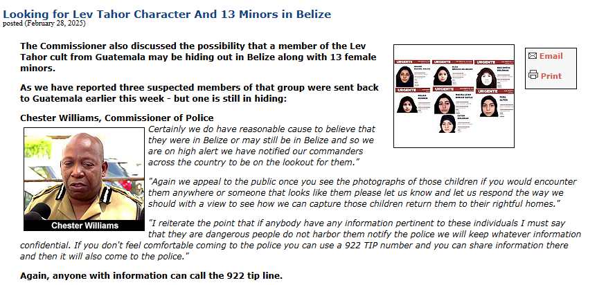 Captura de pantalla de 7newsbelize.com, donde se menciona la posible presencia de miembros de la secta Lev Tahor en Belice.