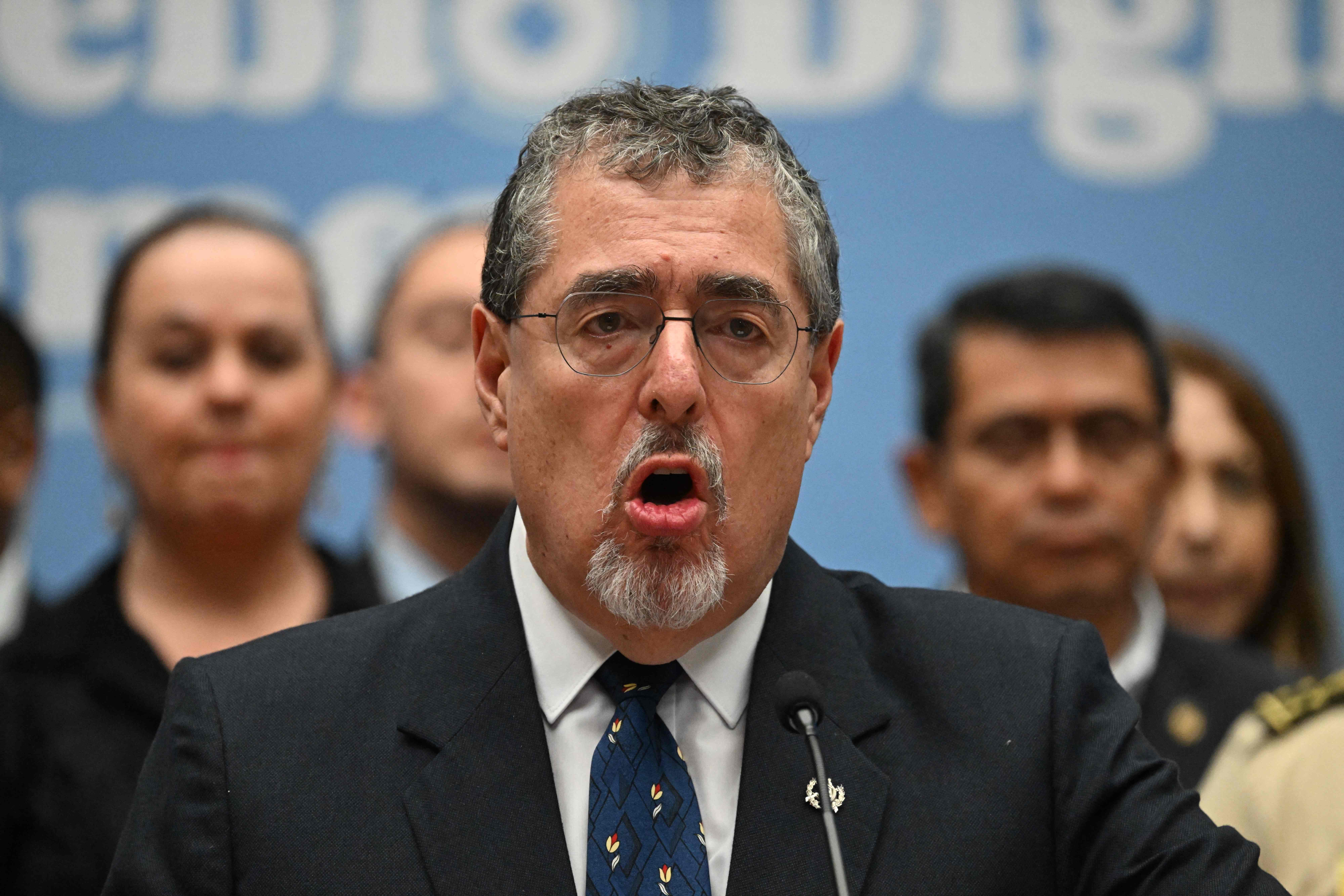 Guatemala's President Bernardo Arevalo speaks during a press conference at the Culture Palace in Guatemala City on April 29, 2025. (Photo by JOHAN ORDONEZ / AFP)