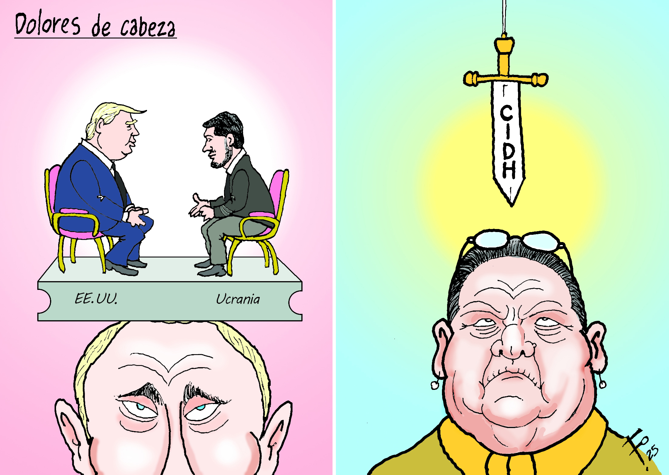 Personajes: Donald Trump, Volodimir Zelenski, Vladimir Putin y Consuelo Porras.