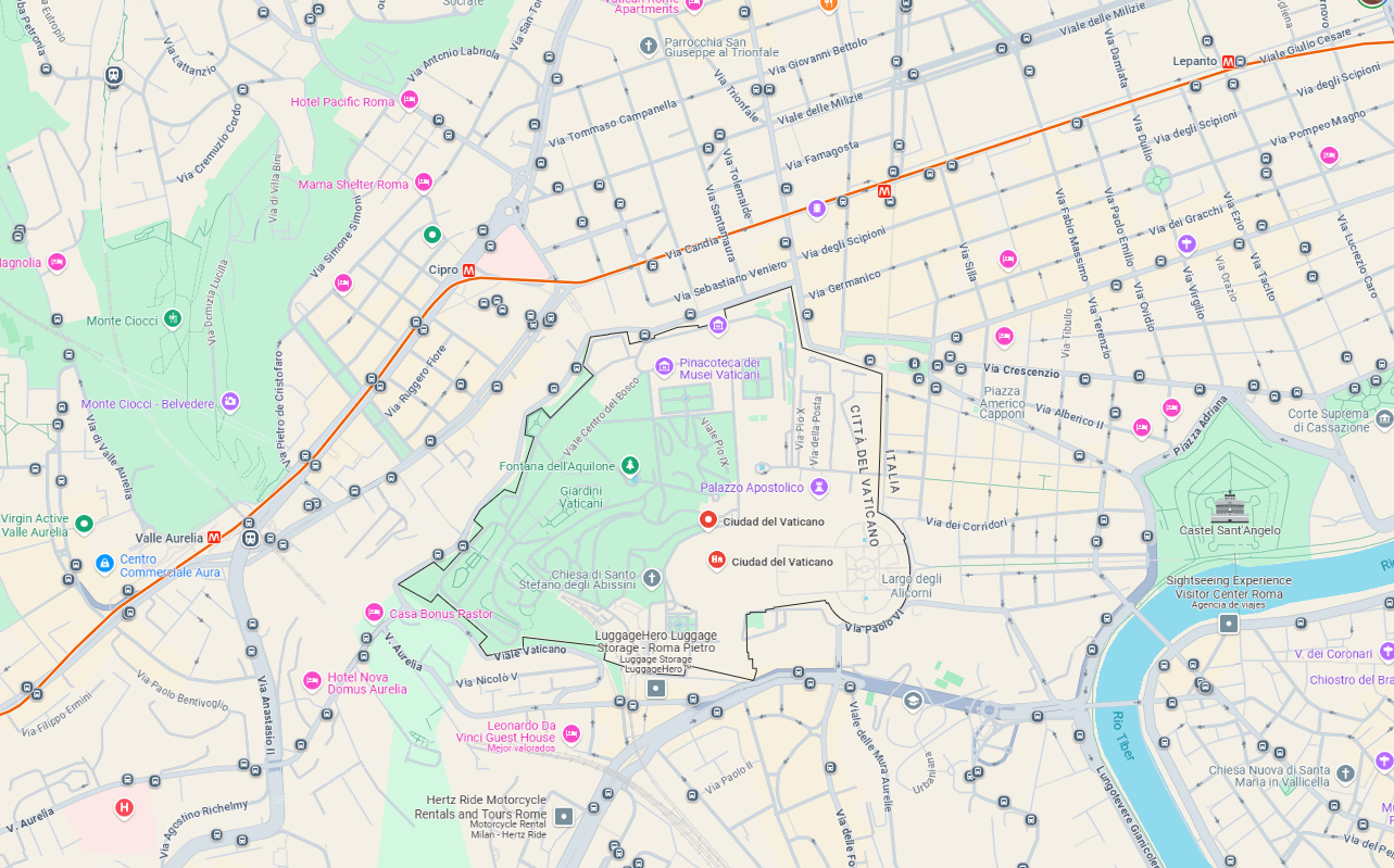 La Santa Sede tiene una extensión de 0.49 kilómetros cuadrados y, según un estudio del Ministerio de Relaciones Exteriores de España, en 2024 se contabilizaron 618 habitantes con ciudadanía vaticana. (Foto, Google Maps)