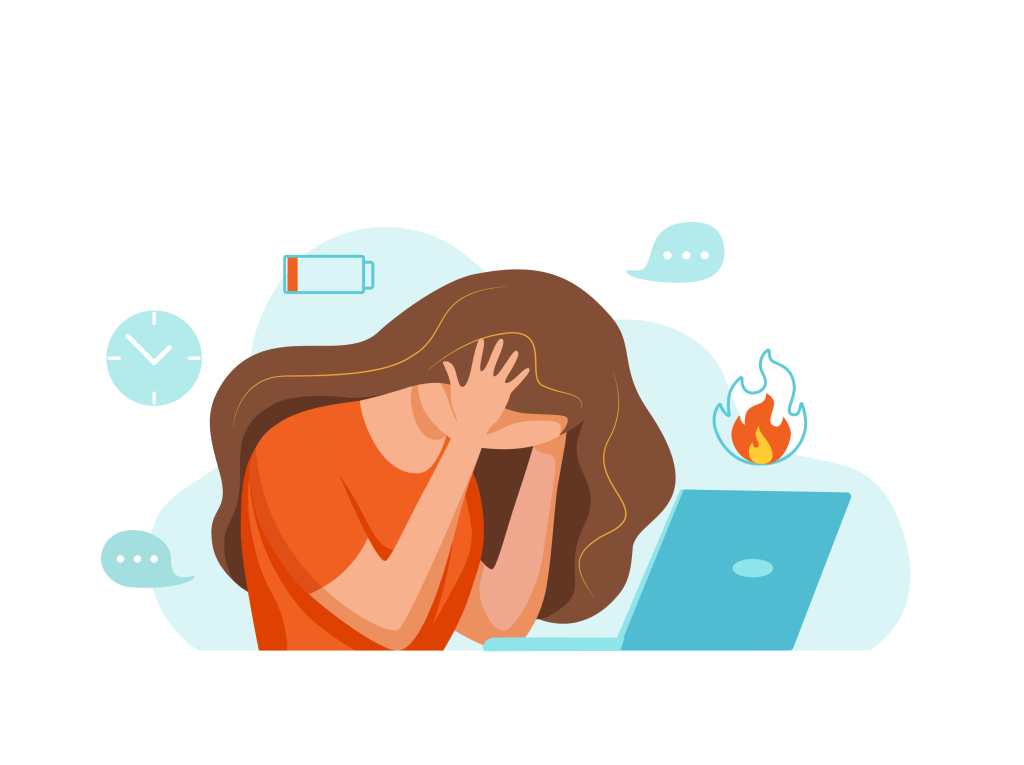 El síndrome de burnout profesional agotó a la mujer cansada sentada en su lugar de trabajo en el cargo sosteniendo su ilustración del vector de la cabeza. Concepto de agotamiento emocional, estrés, cansancio, problemas de salud mental.