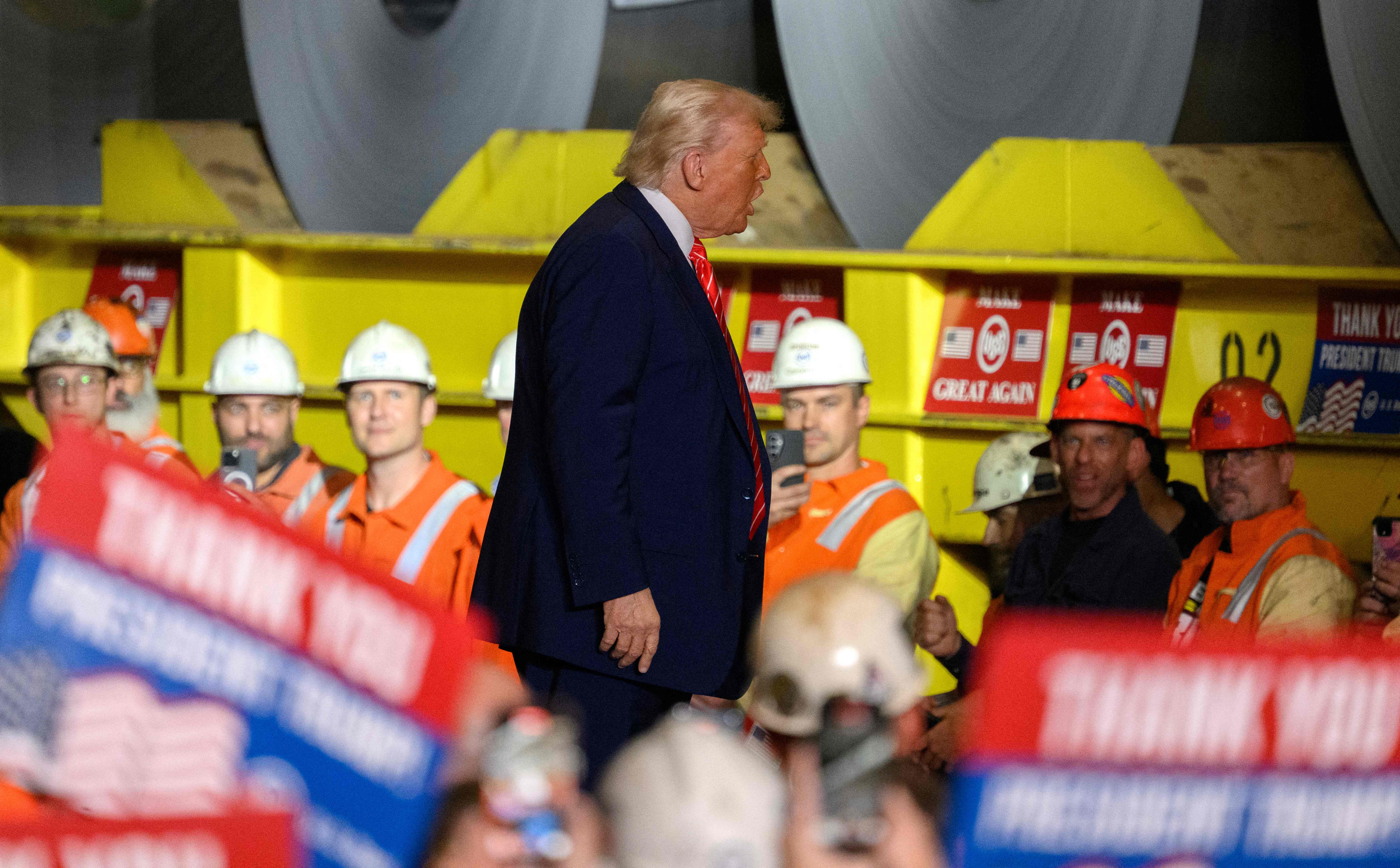 WEST MIFFLIN, PENNSYLVANIA - MAY 30: U.S. President Donald Trump speaks to supporters during a rally at the US Steel-Irvin Works on May 30, 2025 in West Mifflin, Pennsylvania. President Trump visits the steel factory after greenlighting the long-proposed merger between U.S. Steel and Tokyo-based Nippon Steel.  Jeff Swensen/Getty Images/AFP (Photo by JEFF SWENSEN / GETTY IMAGES NORTH AMERICA / Getty Images via AFP)