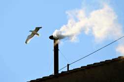This photograph shows white smoke rising from the chinmey of the Sistine Chapel signaling that cardinals elected a new pope during their conclave in the Vatican on May 8, 2025. (Photo by Tiziana FABI / AFP)