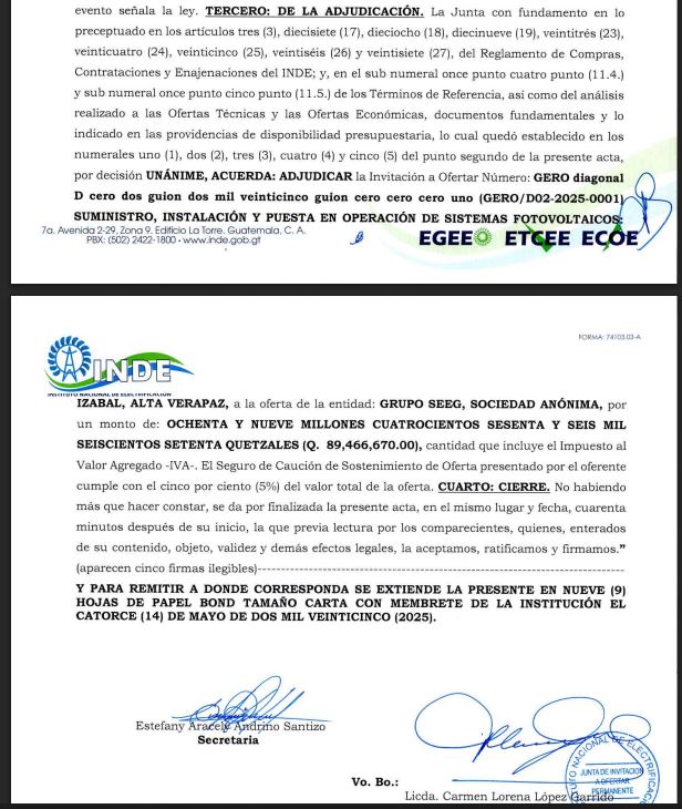 Vista del Punto tercero Acta de adjudicación del proyecto de energía solar fotovoltaica Junta Licitadora Inde