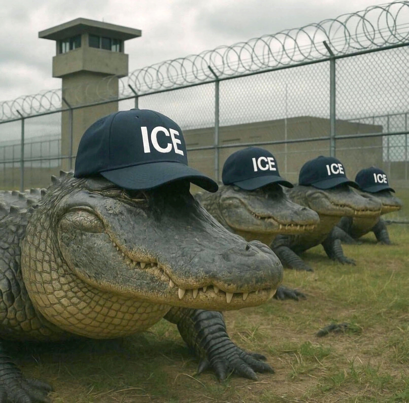 El Departamento de Seguridad Nacional (DHS) de Estados Unidos en su cuenta oficial en la red social X, publicó una imagen generada con Inteligencia Artificial que muestra caimanes con gorras del Servicio de Inmigración y Control de Aduanas (ICE) frente a Alligator Alcatraz; como referencia que el centro de detención estará rodeado de pantanos y caimanes, con el objetivo de evitar fugas. (Foto Prensa Libre: EFE)