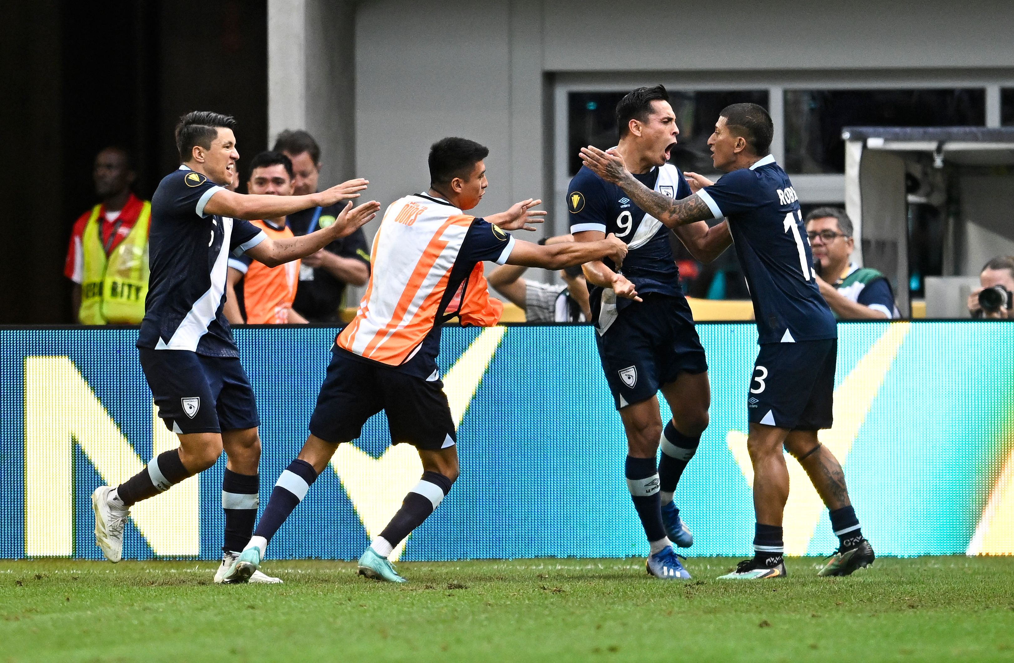 MINNEAPOLIS, MINNESOTA - JUNE 29: Rubio Rubín #9 of Guatemala celebrates after scoring a goal in the second half of the match against Canada at U.S. Bank Stadium on June 29, 2025 in Minneapolis, Minnesota.   Stephen Maturen/Getty Images/AFP (Photo by Stephen Maturen / GETTY IMAGES NORTH AMERICA / Getty Images via AFP)