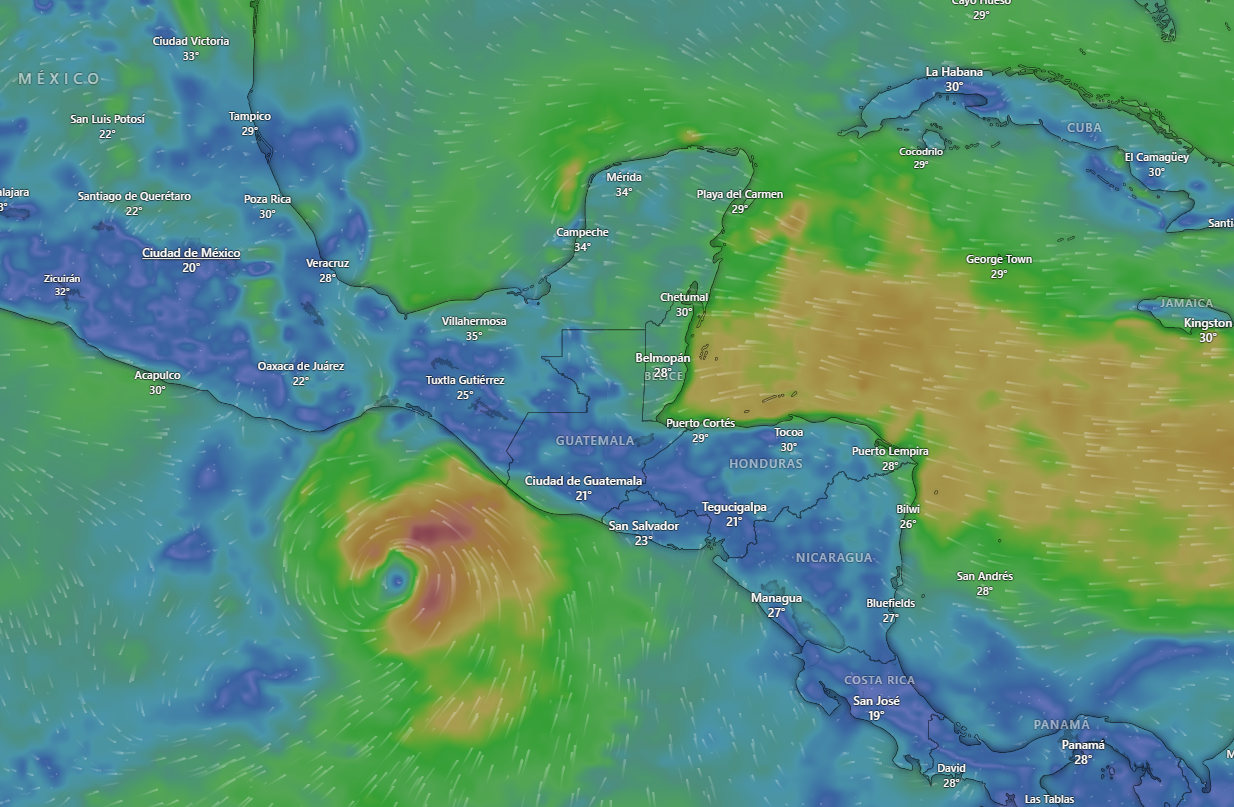 La tormenta Erick se desplaza por el Pacífico rumbo a costas mexicanas este 17 de junio. (Foto Prensa Libre: Captura de pantalla Windy.com)