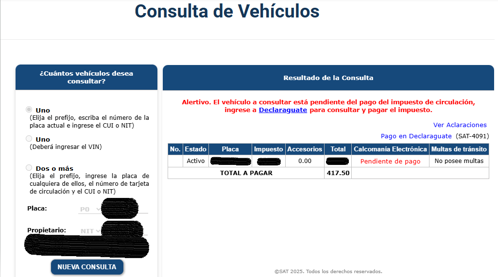 Resultado de la consulta del impuesto de circulación en el portal de la SAT, donde se detalla el estado del vehículo, el monto a pagar, multas y la calcomanía electrónica. (Foto Prensa Libre: captura de Pantalla Portal SAT)