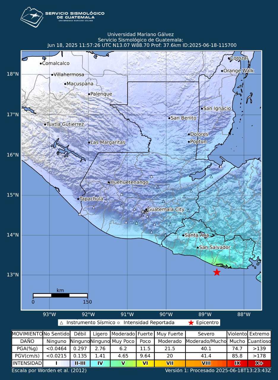 Reporte sísmico publicado por el Servicio Sismológico de Guatemala, Universidad Mariano Gálvez. (Foto, Prensa Libre: cortesía SSG)