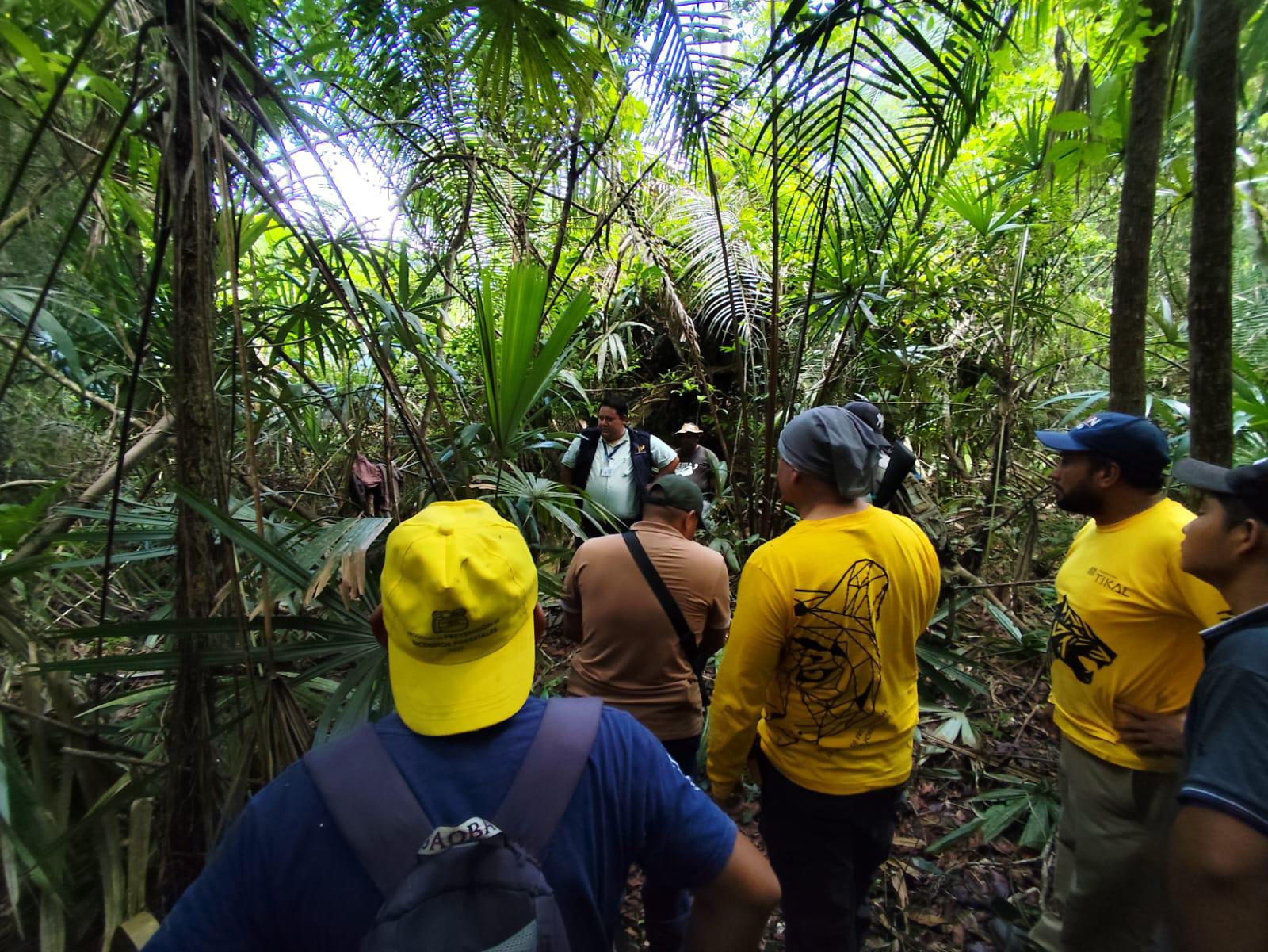 Fiscales del MP inspeccionan la zona de La Brecha, entre Tikal y Yaxhá, donde fue localizada una osamenta humana. (Foto Prensas Libre: César Soler