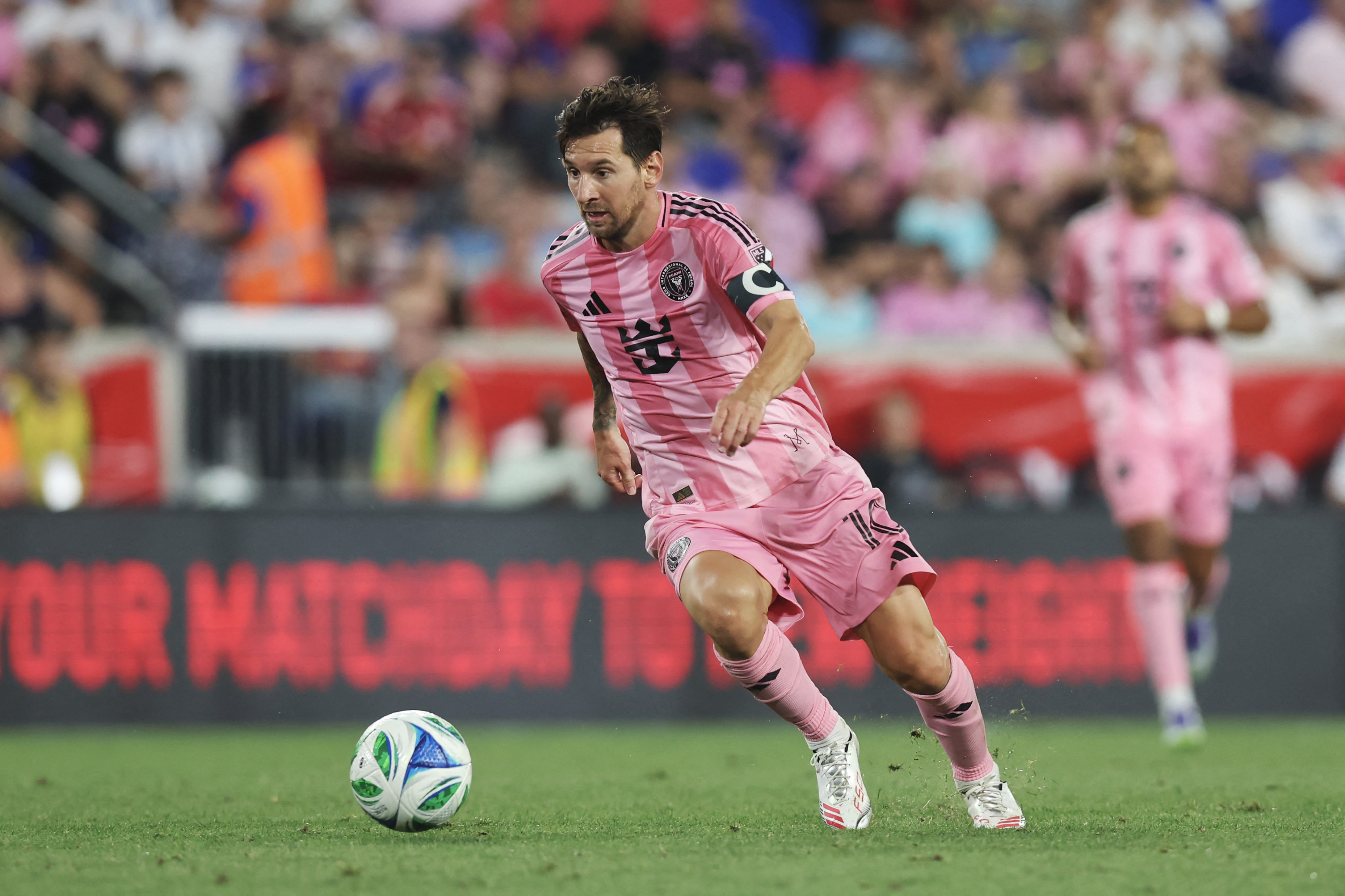 HARRISON, NEW JERSEY - JULY 19: Lionel Messi #10 of Inter Miami CF controls the ball during the MLS match between New York Red Bulls and Inter Miami CF at Sports Illustrated Stadium on July 19, 2025 in Harrison, New Jersey.   Ira L. Black/Getty Images/AFP (Photo by Ira L. Black / GETTY IMAGES NORTH AMERICA / Getty Images via AFP)
