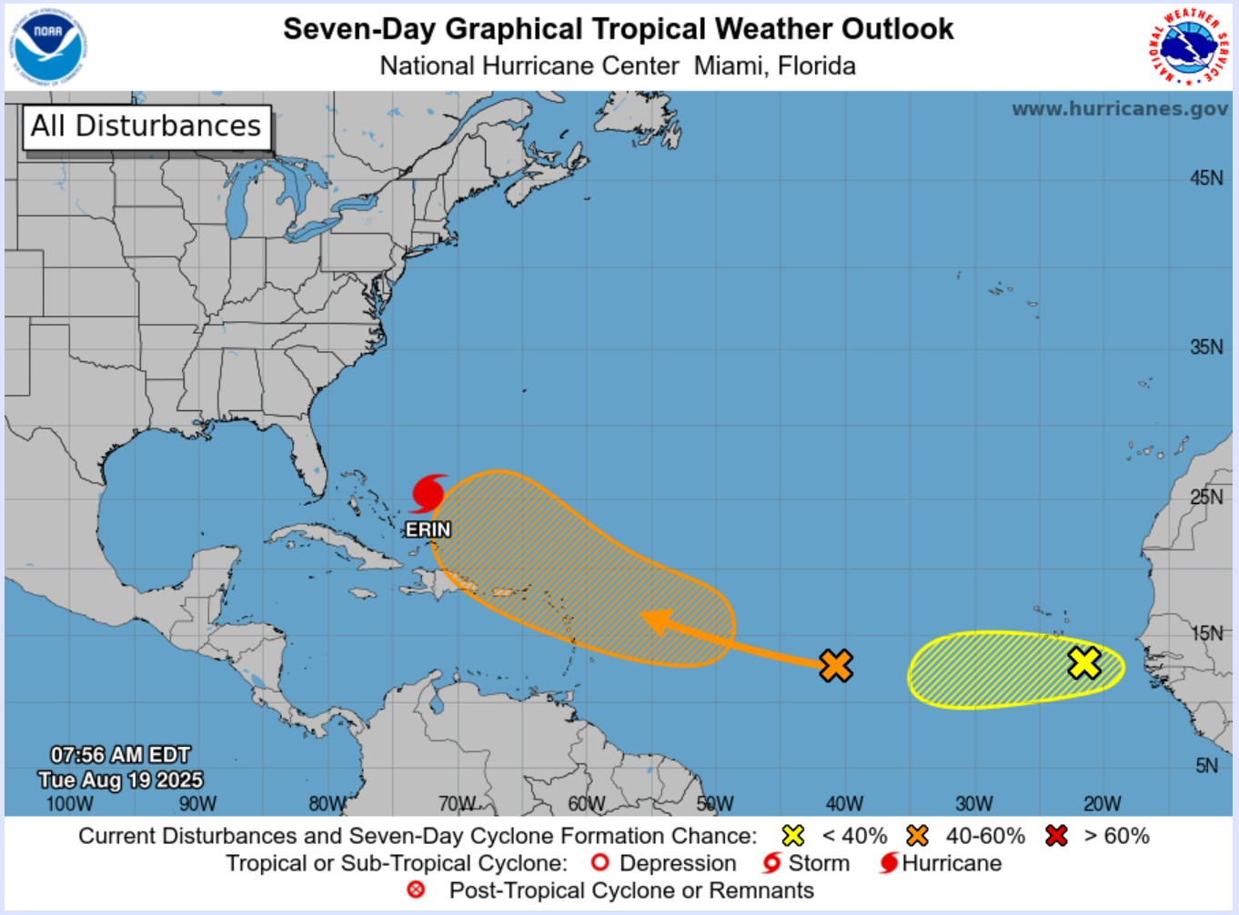 Imagen del Centro Nacional de Huracanes que muestra el estado del huracán. Erin, el primer huracán de la temporada atlántica, continúa fortaleciéndose y aumentando de tamaño, mientras avanza sobre el Atlántico occidental, lo que eleva el riesgo de marejadas peligrosas, corrientes de resaca y lluvias intensas para las islas Turcas y Caicos, Bahamas y la costa este de Estados Unidos, en especial Carolina del Norte. (Foto Prensa Libre: EFE)