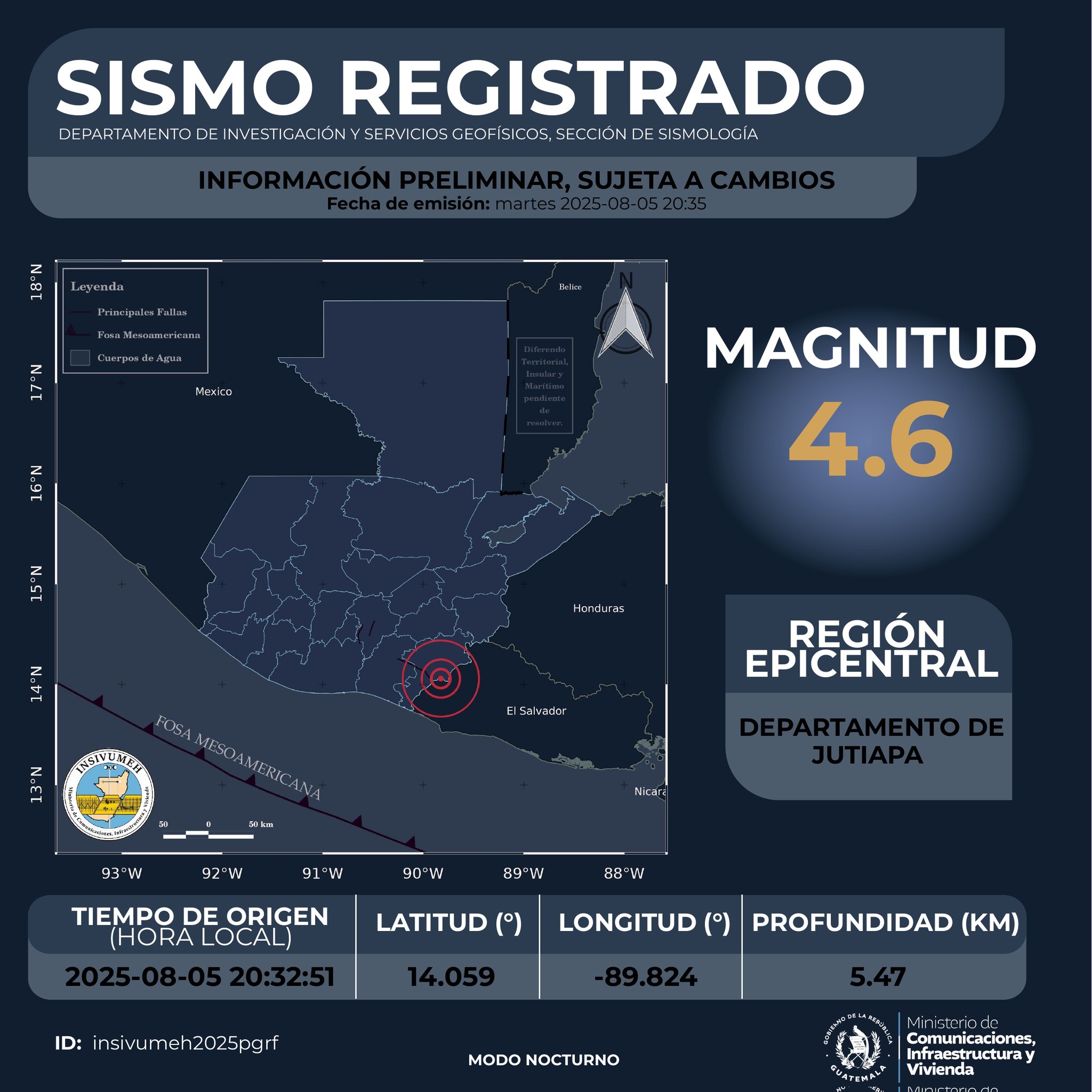  Mapas de Insivumeh muestran los epicentros de los sismos de 4.6 y 3.2 grados registrados en Jutiapa la noche del 5 de agosto. (Foto Prensa Libre: Insivumeh)
