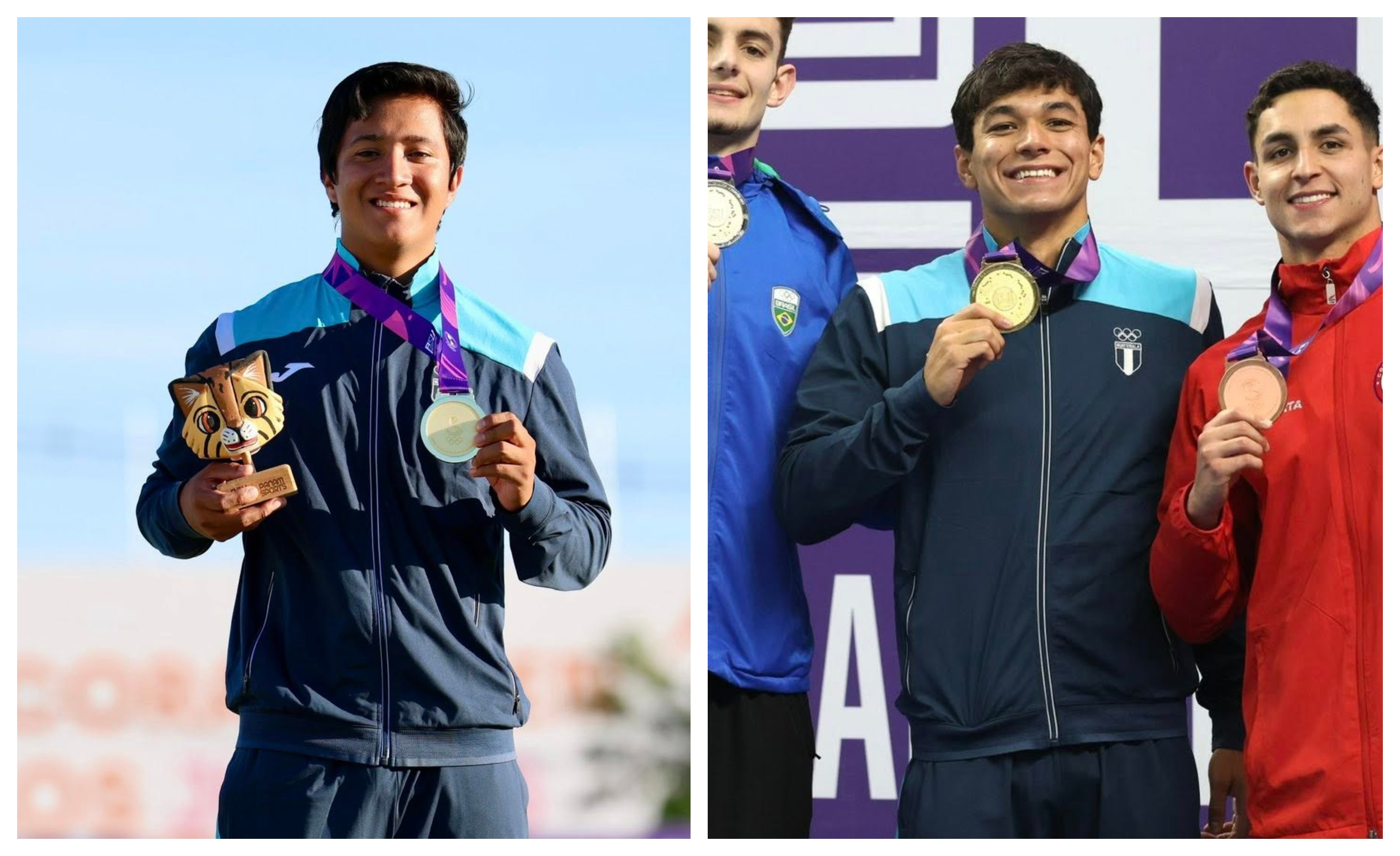 Chistian García, de tiro con arco, y Roberto Bonilla, de natación, festejan el oro en el podio en Asunción. (Fotos COG).