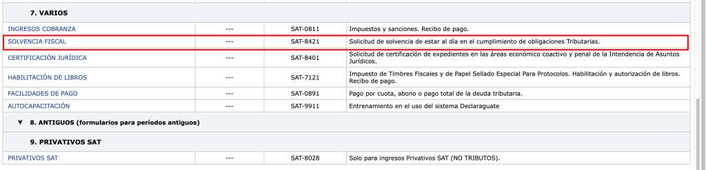El formulario para solicitar la Solvencia Fiscal se encuentra en la opción “Varios” dentro de la plataforma Declaraguate (Foto, Prensa Libre: captura de pantalla)