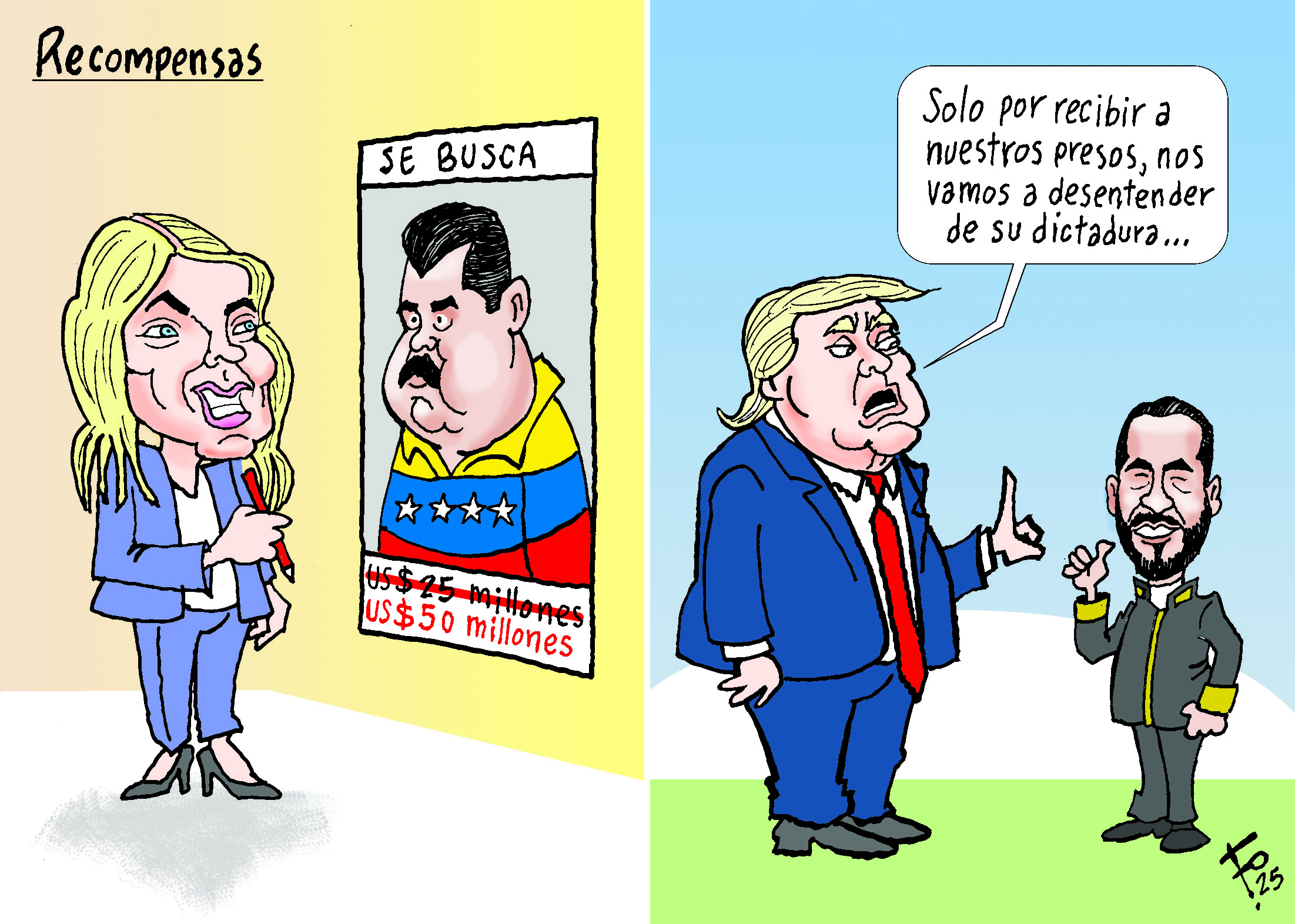 Personajes: Pam Bondi, Nicolás Maduro, Donald Trump y Nayib Bukele.