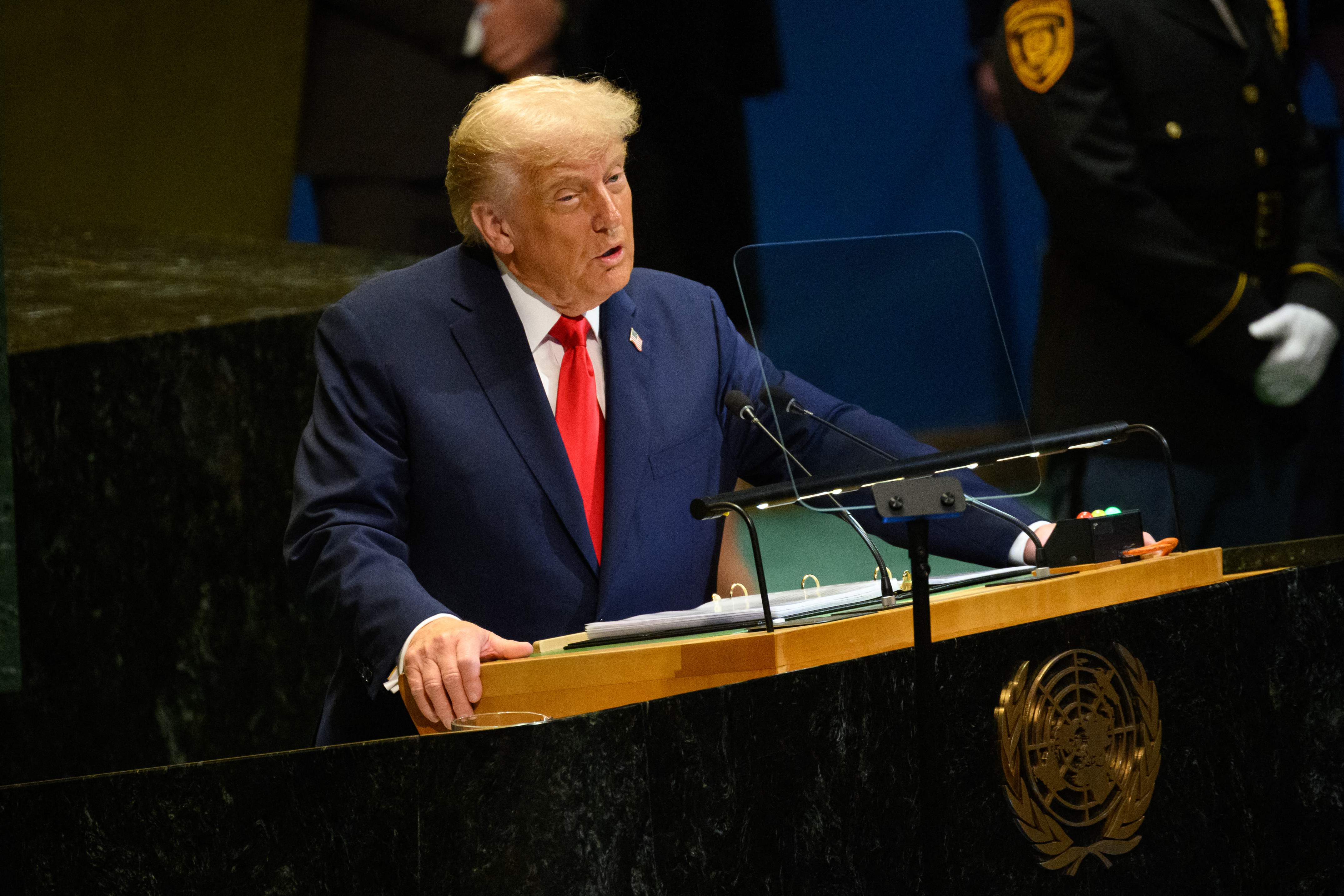 NEW YORK, NEW YORK - SEPTEMBER 23: U.S. President Donald Trump speaks to the 80th session of the UNs General Assembly (UNGA) at UN Headquarters on September 23, 2025 in New York City. This years theme for the annual global meeting is: Better together: 80 years and more for peace, development and human rights. Gaza and Ukraine are just two of the global emergencies that world leaders will look to address.   Alexi J. Rosenfeld/Getty Images/AFP (Photo by Alexi J. Rosenfeld / GETTY IMAGES NORTH AMERICA / Getty Images via AFP)
