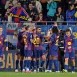 Barcelona's Spanish forward #07 Ferran Torres (C) celebrates with teammates scoring his team's first goal during the Spanish league football match between FC Barcelona and Getafe CF at Johan Cruyff Stadium in Barcelona on September 21, 2025. (Photo by MANAURE QUINTERO / AFP)