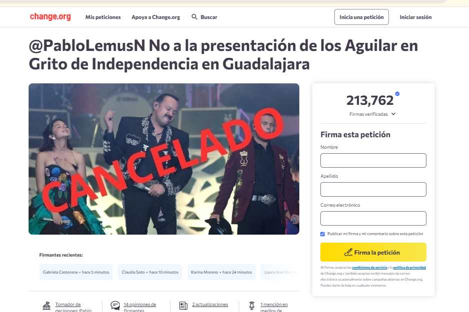 Petición de cancelación de concierto de la familia Aguilar