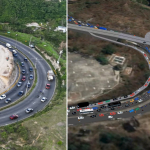 Composición de dos imágenes del Corredor Verde mostrando a la izquierda el talud reforzado en Mixco y a la derecha la simulación digital de la carretera