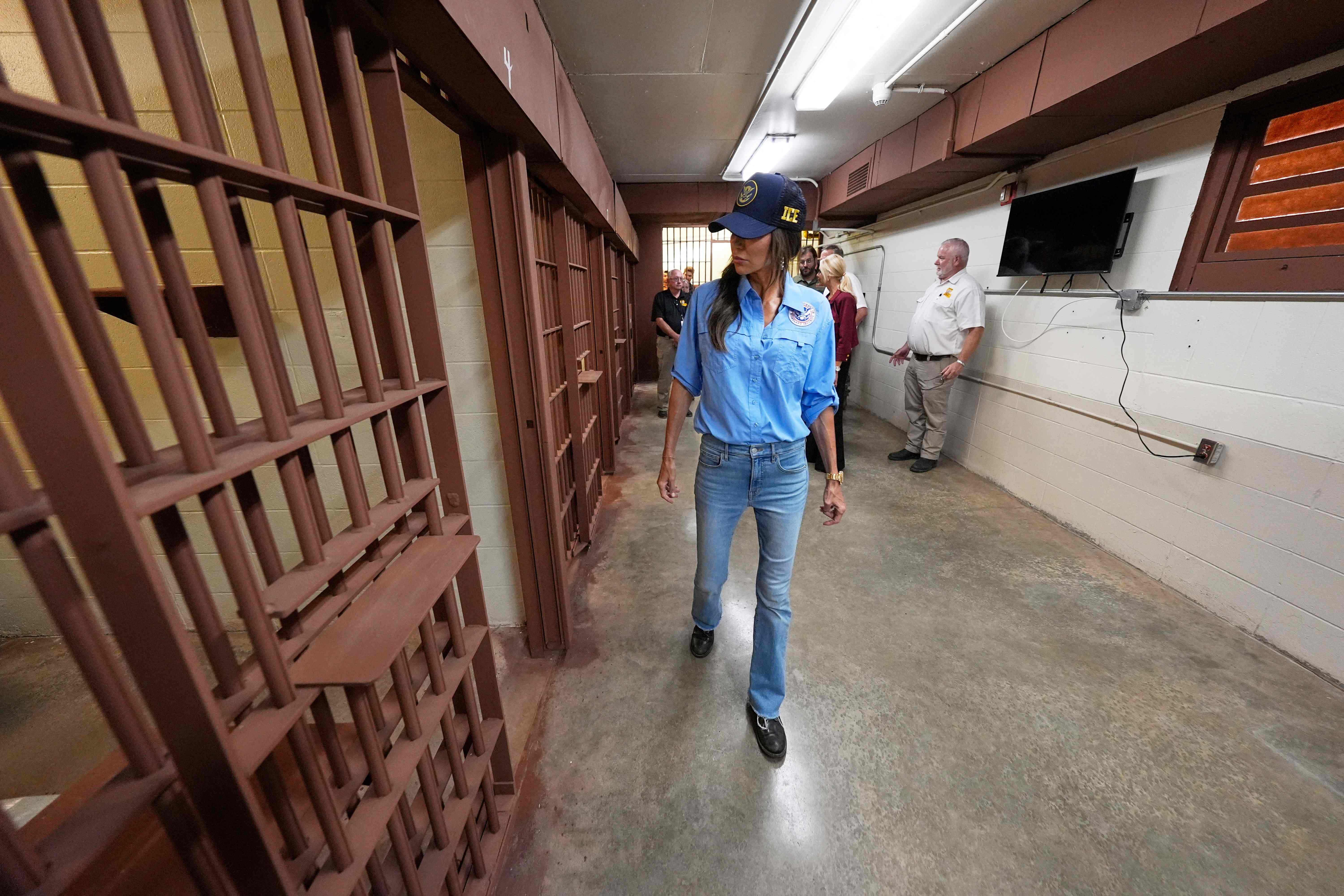 Homeland Security Secretary Kristi Noem tours "Camp 57," a facility to house immigration detainees at the Louisiana State Penitentiary in Angola, Louisiana, on September 3, 2025. (Photo by Gerald Herbert / POOL / AFP)