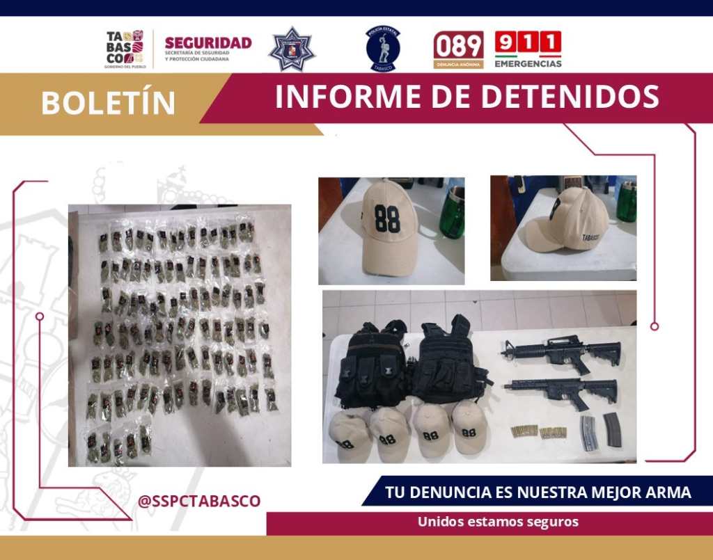 Armas, chalecos balísticos y gorras incautadas a guatemaltecos y mexicanos durante un operativo en Tabasco.