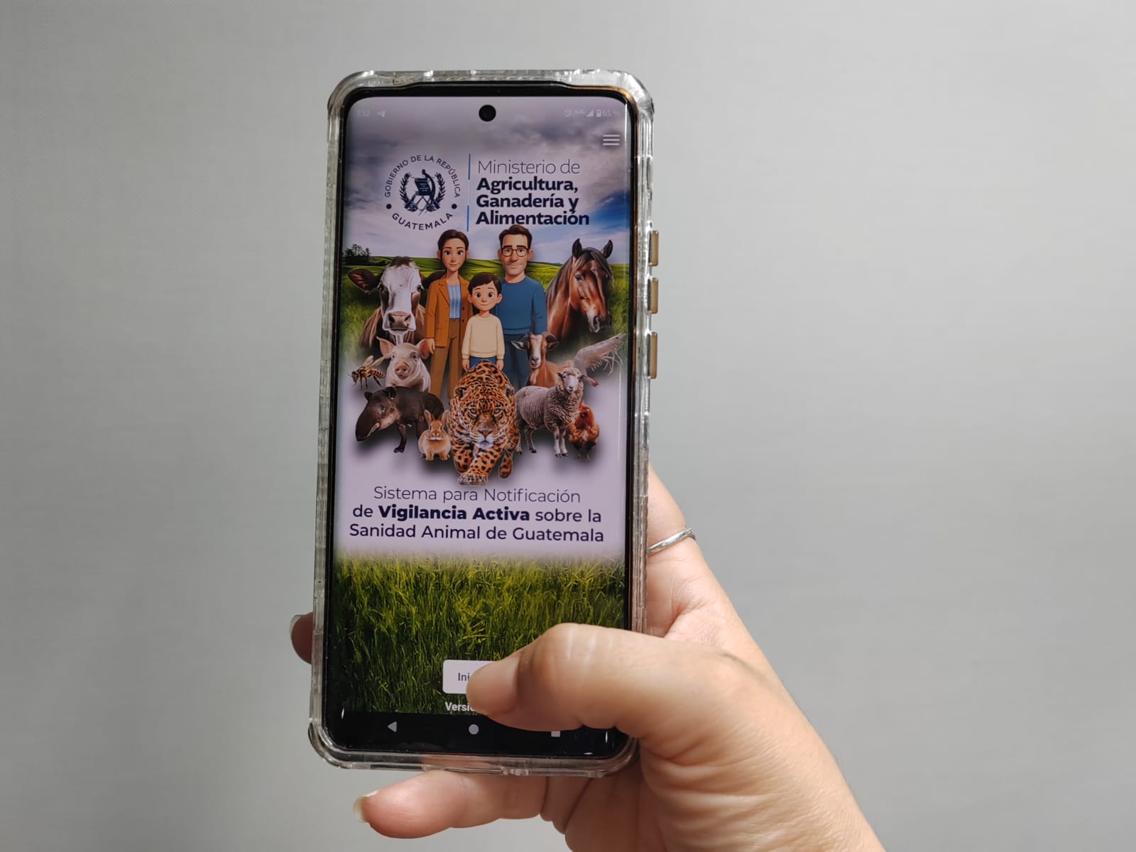 Persona usando la aplicación DSA GT del MAGA para reportar casos de gusano barrenador en animales y mascotas, contribuyendo a la sanidad animal en Guatemala.