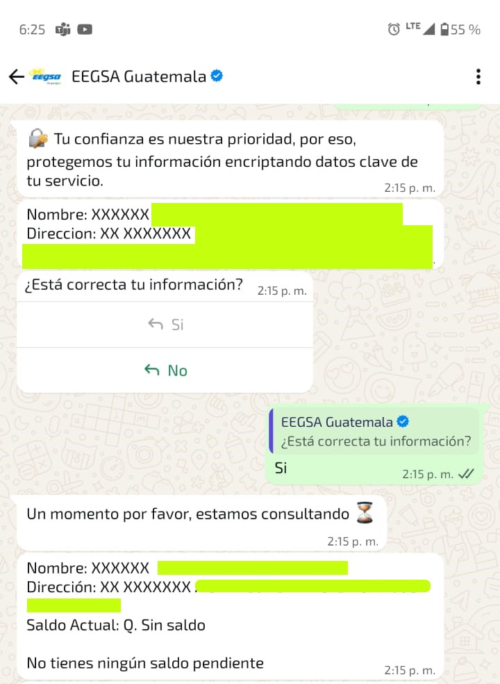La consulta de saldo y descarga de la factura de luz EEGSA también puede realizarse por WhatsApp, ingresando el número de correlativo y de contador. (Foto, Prensa Libre: captura de pantalla)