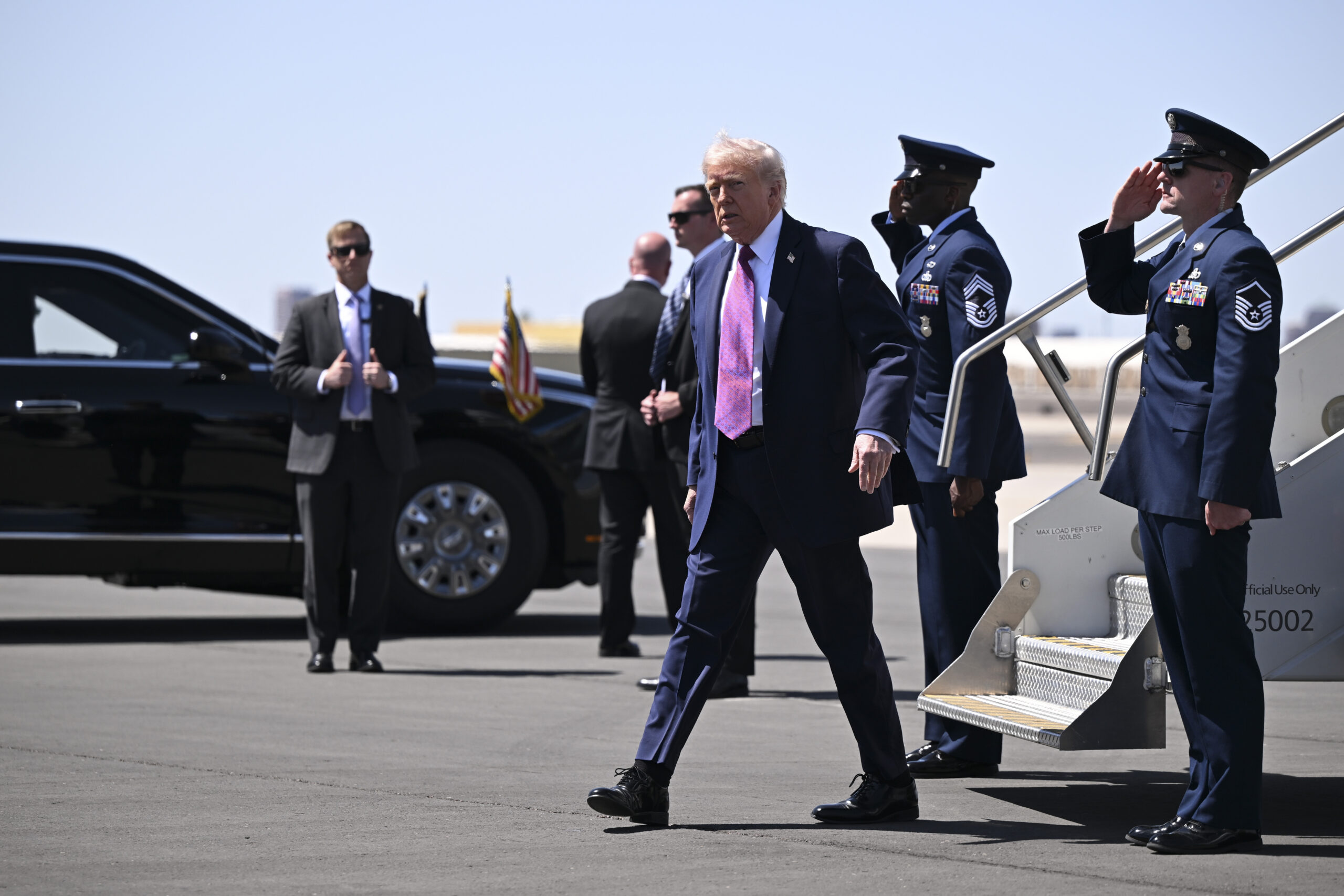 President Donald Trump arrives on Air Force One in Phoenix, on Friday, April 17, 2026. President Trump went on a media tear on Friday, granting interviews and unleashing a flurry of social media posts that framed peace talks with Iran as all but complete. (Kenny Holston/The New York Times)