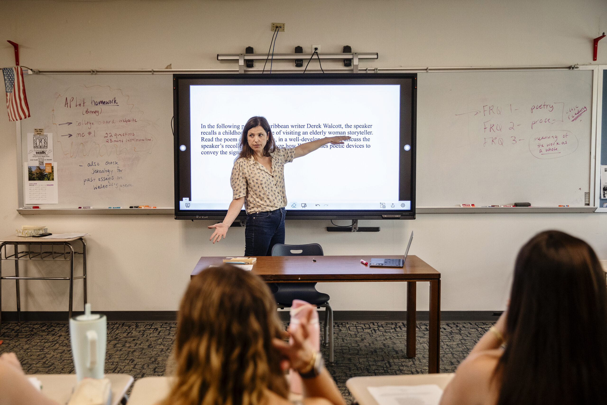 Jessica Binney, a high school English teacher, assigns her A.P. literature students essays they have to write in class  at John Jay High School in Cross River, N.Y., April 14, 2026. High school and college teachers are watching students write, in the classroom, in order to protect against the incursion of artificial intelligence. (Lauren Lancaster/The New York Times)