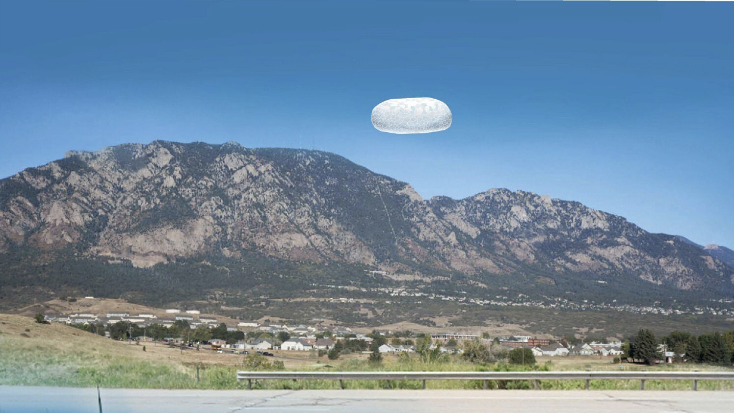In an image provided by the U.S. Department of Defense, an artistic interpretation of a 2022 incident potentially involving unidentified anomalous phenomena, or UAP, reported near Colorado Springs. The flying spud, or what looked like one, was sighted by an Army intelligence officer and four members of his unit from Fort Carson, according to documents that were among a new tranche of UFO files released by the Trump administration on June 12, 2026. (U.S. Department of Defense via The New York Times) -- NO SALES; FOR EDITORIAL USE ONLY --