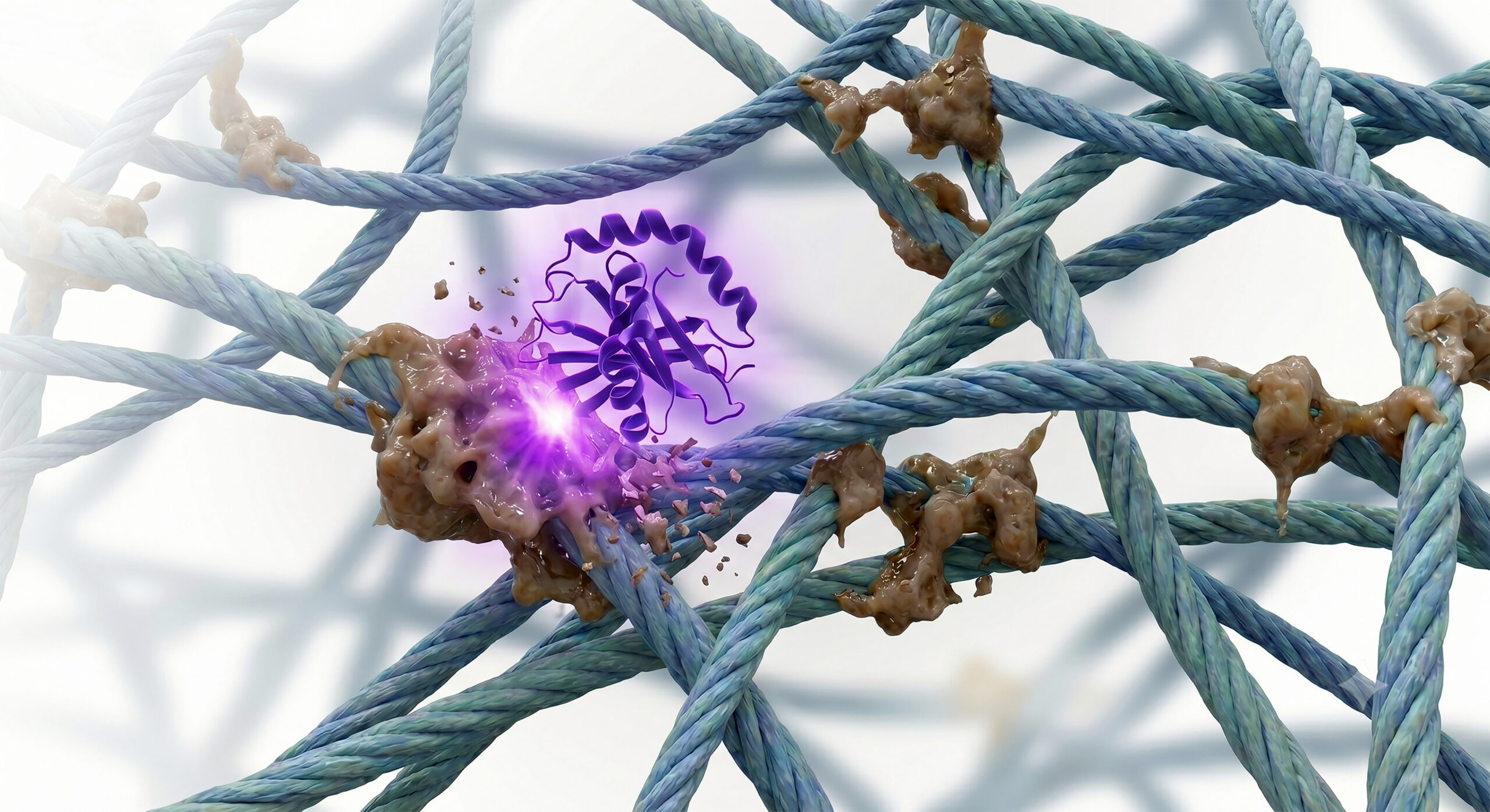 An illustration provided by Revel Pharmaceuticals shows a lab-formulated enzyme, CMLase, in purple, breaking up aging-related chemical substances, in brown, attached to proteins, in blue. In a recent study, scientists devised a way of reversing the buildup of compounds that lead to some age-related diseases. (Revel Pharmaceuticals via The New York Times) -- NO SALES; FOR EDITORIAL USE ONLY WITH NYT STORY SLUGGED AGING ENZYME BY K.R. CALLAWAY FOR JULY 24, 2026. ALL OTHER USE PROHIBITED. --