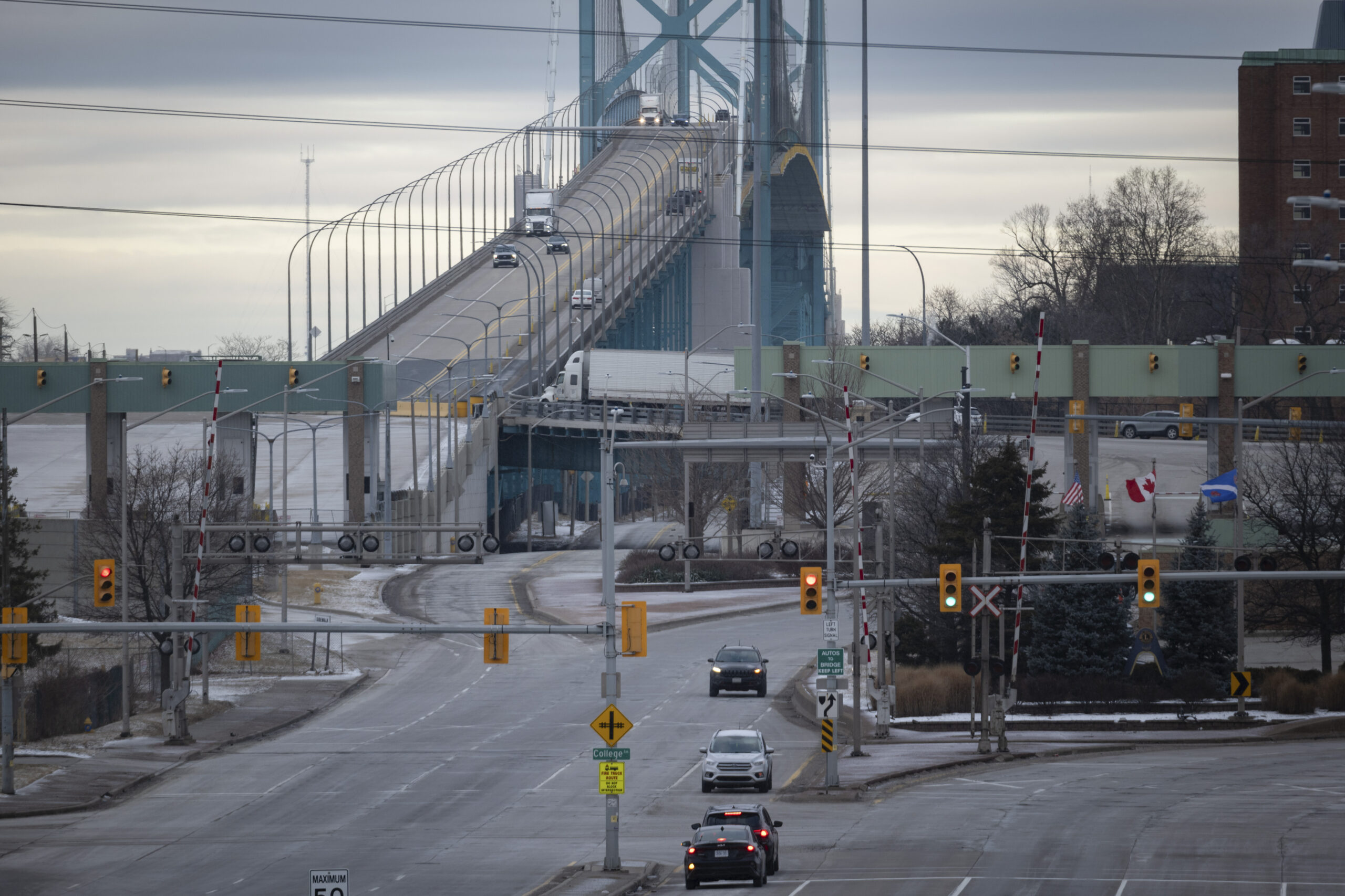 FILE -- A view of the Gordie Howe International Bridge under construction in Windsor, Canada, on Jan. 15, 2025. After a delay ordered by President Donald Trump and new tariffs against Canada, the bridge between Windsor in Ontario and Detroit opens in "underwhelming" fashion on Friday, July 24, 2026. (Ian Willms/The New York Times)