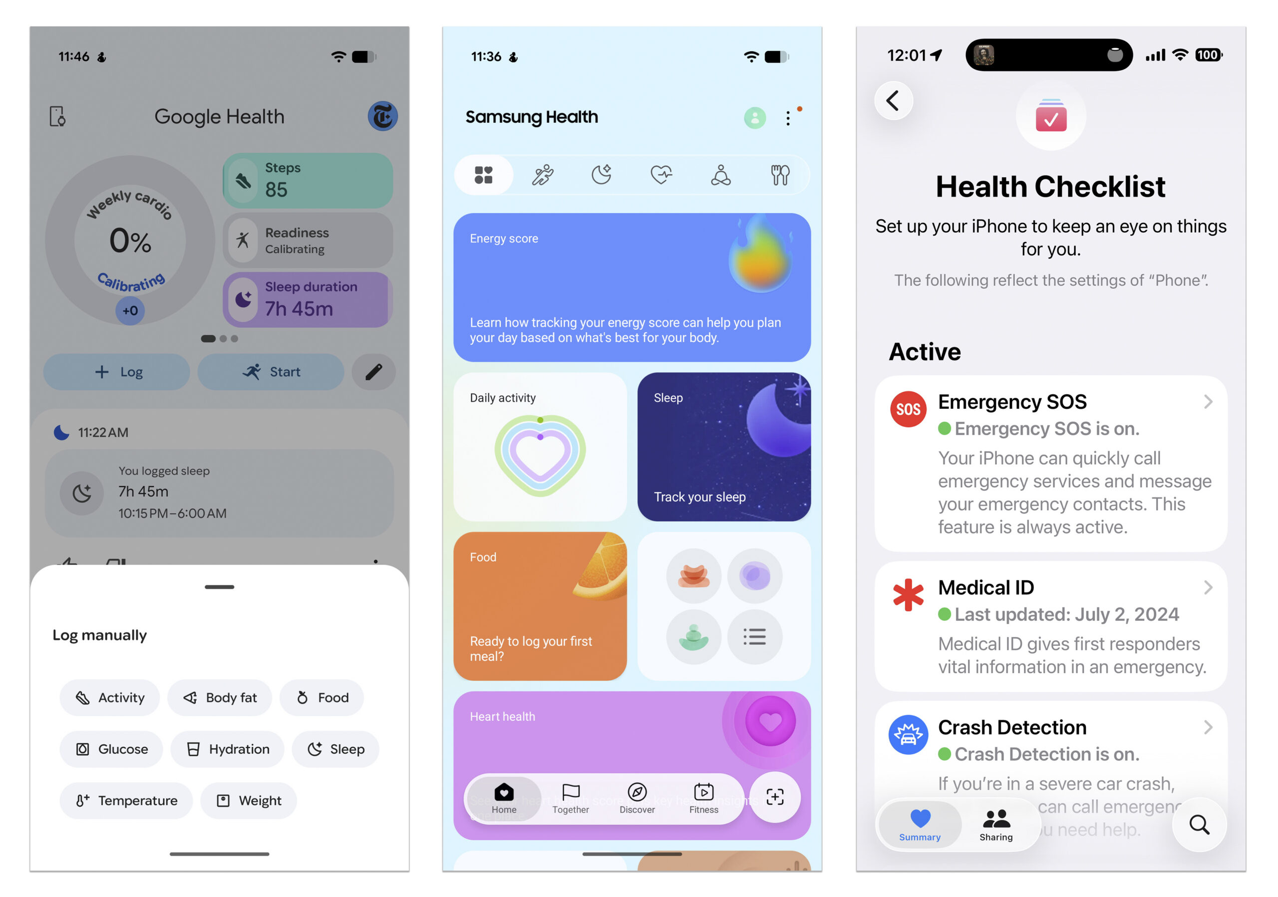 In a combination of images from Google, Samsung and Apple, from left, the Google Health, Samsung Health and Apple's Health apps. The apps offer plenty of tools and features to help you manage your diet, exercise and personal safety. (Google; Samsung; Apple via The New York Times) -- NO SALES; FOR EDITORIAL USE ONLY WITH NYT STORY TECH TIP BY JD BIERSDORFER FOR JULY 9, 2026. ALL OTHER USE PROHIBITED. --