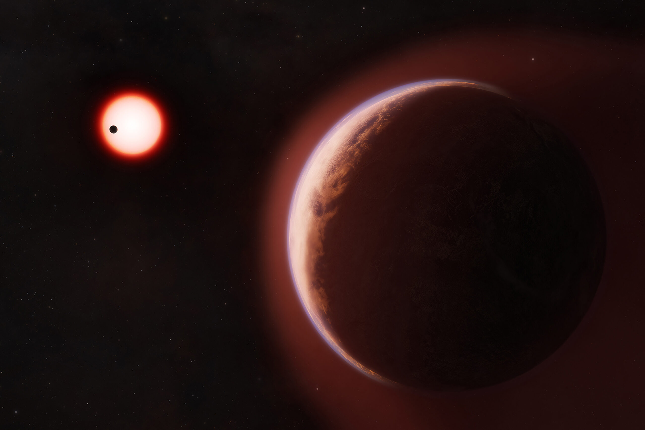 In an undated image provided by Melissa Weiss/CFA, an artist's concept of the exoplanet LHS 1140b, surrounded by a helium-rich atmosphere, with another rocky planet orbiting the same cool red dwarf star in the distance. New data collected by the astronomers strongly suggests that LHS 1140b has a helium-rich atmosphere. (Melissa Weiss/CFA via The New York Times) -- NO SALES; FOR EDITORIAL USE ONLY WITH NYT STORY PLANET ATMOSPHERE BY KATRINA MILLER FOR JUNE 16, 2026. ALL OTHER USE PROHIBITED. --