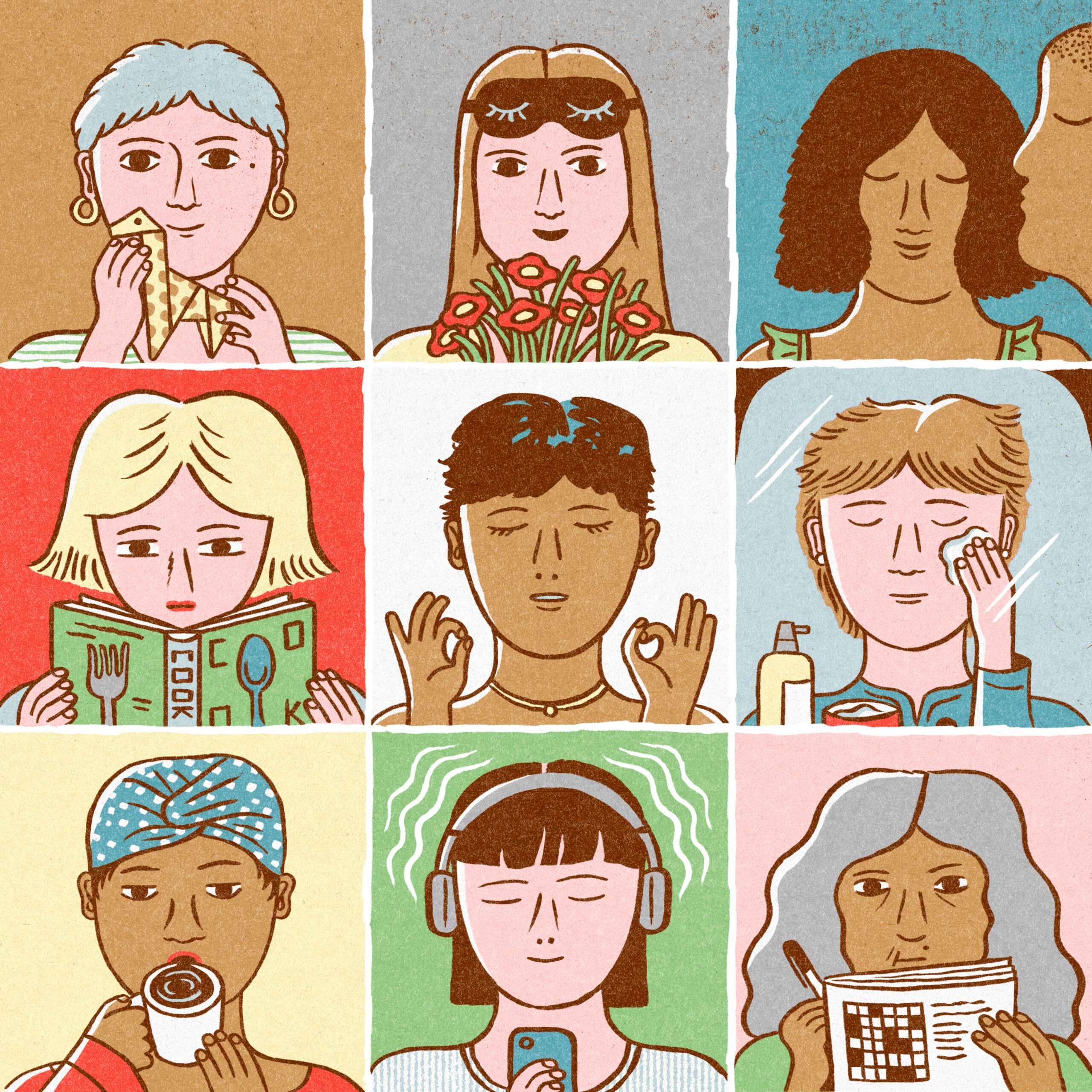 Origami, cleaning countertops, talking to plants -- here are some ways readers wind down for the evening. (Camilla Pintonato/The New York Times) -- FOR EDITORIAL USE ONLY WITH NYT STORY SLUGGED SCI SLEEP RITUALS BY AMANDA SCHUPAK FOR JUNE 25, 2026. ALL OTHER USE PROHIBITED --