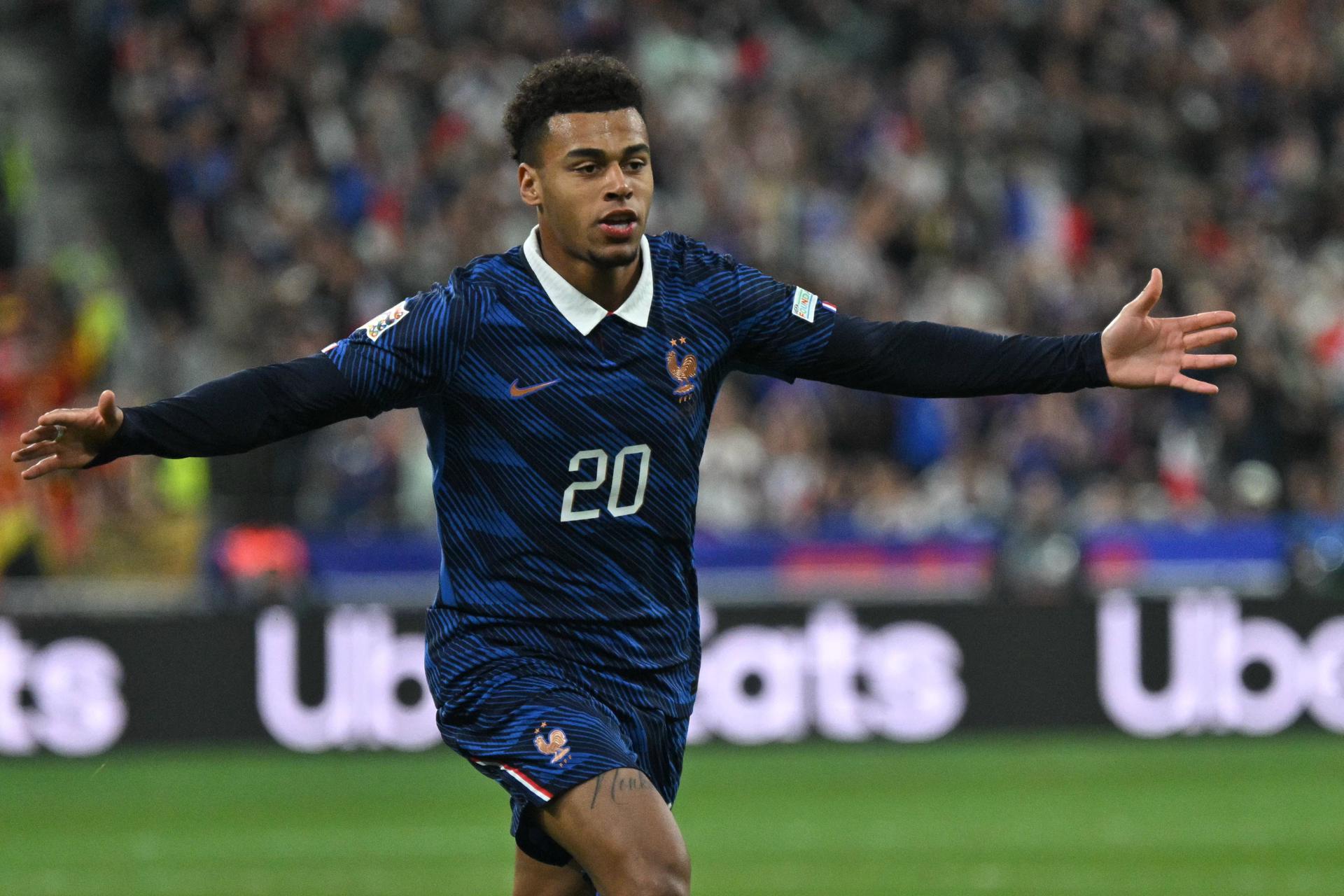 Desire Doue celebra el gol del empate durante el partido de la UEFA Nations League que han disputado Francia y Bélgica en Saint-Denis, Francia. EFE/EPA/FIRAS ABDULLAH
