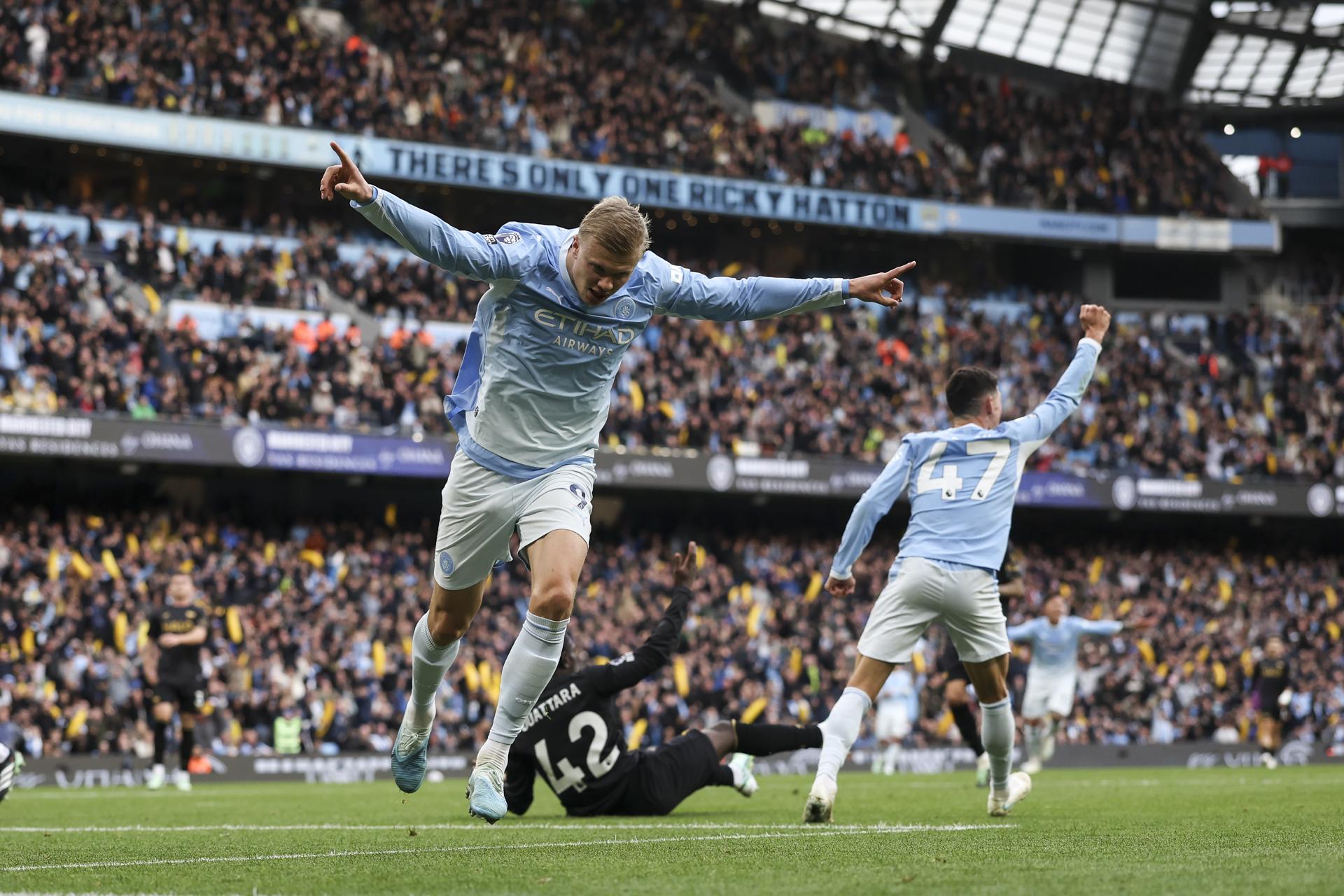 El jugador del Manchester City's Erling Haaland celebra el 3-1 durante el partido de la Premier League que han jugado Manchester City yIpswich Town, en Manchester, Reino Unido. EFE/EPA/RYAN JENKINSON